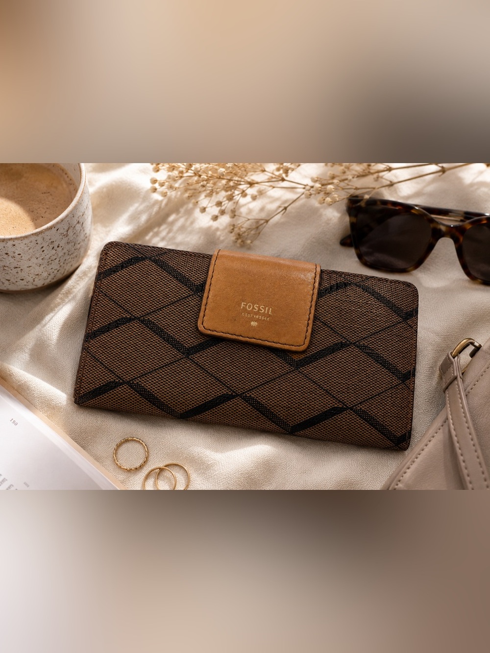 Fossil Brown Geo Print Wallet | Leather Trim | Neutral Everyday Wallet